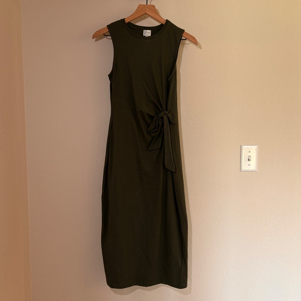 Blue Rain Dress Side Tie-Knot Small‎ Jersey Knit Green Earthy Minimalist Midi